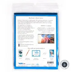 Rückseite der Verpackung mit Produktbeschreibung, Tutorial-Hinweis und Barcode zu ByAnnie's Lightweight Mesh in Blastoff Blue.